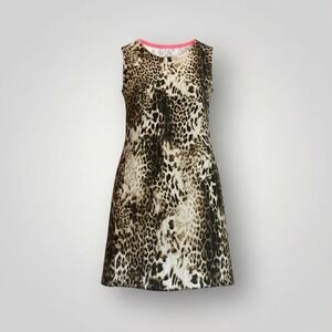 Maje Leopard Sleeveless Linen Shift Dress Large Pink Trim Pockets Brown Keyhole